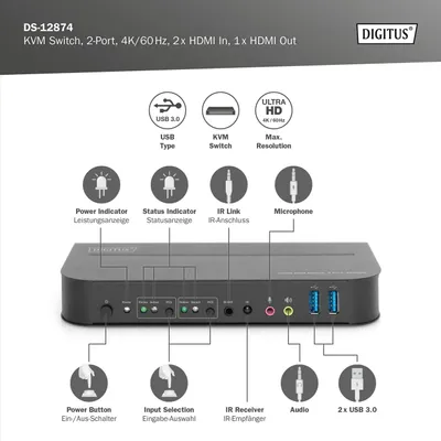 Image de DIGITUS Commutateur KVM Digitus, 2x1 HDMI, sortie HDMI, USB, 4Kx2K@60Hz