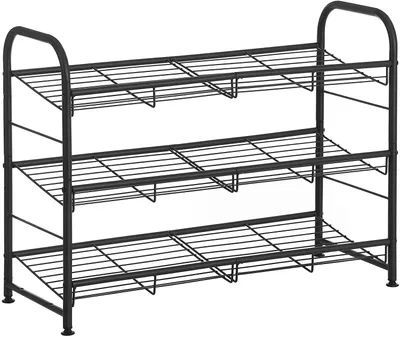 Obrázok produktu pre Polica na topánky s 3 úrovňami, pre 12 párov topánok, oceľ, čierna, 68,5 x 27,5 x 49,5 cm