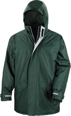 A studio shot of a dark green winter parka with the hood up.