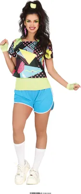 A woman is posing in an 80s-style aerobic costume.
