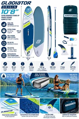 Obrázek produktu pro Gladiator ORIGIN 10'8 SUP set, model MSL Fusion, tlak 26 PSI, extra tuhá konstrukce, rozměry 325x86x15 cm
