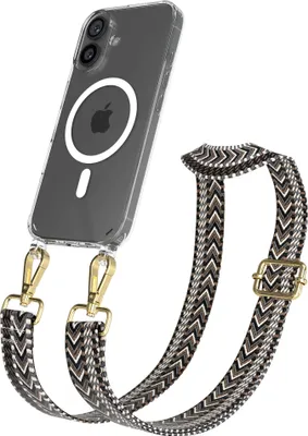 Produktbild von EAZY CASE - Handykette mit MagSafe Hülle für Apple iPhone 16, Handyband ZigZag Style,Karabiner Gold, Umhängeband in Grau