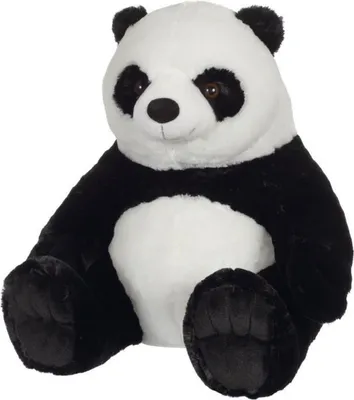 A plush panda toy sitting on a white background.