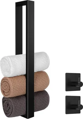 Image de Porte-serviettes adhésif Unyqoos® de 40 cm – Acier inoxydable 304, noir, fixation sans perçage, support mural (H×L×P : environ 3×40×6,2 cm) avec 2 crochets pour serviettes, capacité jusqu'à environ 5 kg