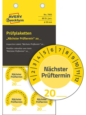 Produktbild von Avery Zweckform 7905, Prüfplaketten, ? 30 mm, 10 Bögen, gelb