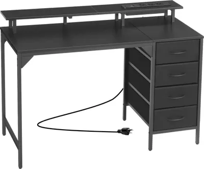 Immagine prodotto di Scrivania per computer da 120 cm con luci LED intelligenti e prese di corrente, scrivania da ufficio per gaming con 4 ampi cassetti, supporto per monitor, studio per ufficio domestico, spazi ridotti, facile da riporre, colore nero