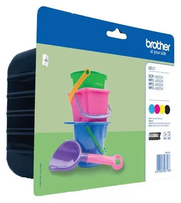 The image shows the packaging of a Brother LC221 ink cartridge value pack, featuring colorful toy buckets and a shovel.