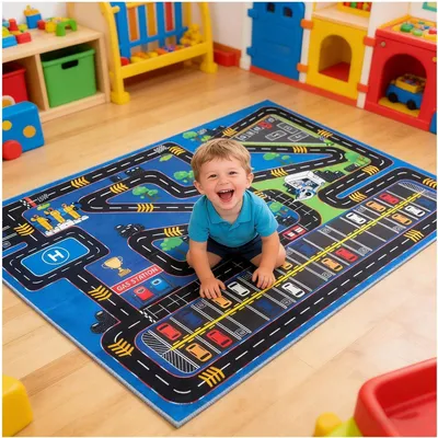 Produktbild von Spielmatte Kinderzimmer 100 x 150 cm, blau, waschbar, rutschfest, für Autospiele