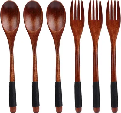 Produktbild von Hölzern Löffel Gabel Set, Lange Griff, Japanisch Stil, Camping Besteck, 6-teilig