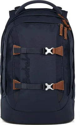 A navy blue backpack with brown leather accents is shown against a white background.