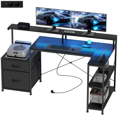Produktbild von Gaming Tisch L-f?rmiger Schreibtisch mit LED & Steckdosen, mit Doppelmonitorst?nder, 165x80x91,5 cm, Schwarze Holzoptik