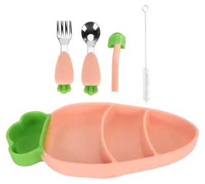 Produktbild von Baby-Silikon-Fütterungszubehör-Set mit Gabel, Löffel, Strohhalm, Reinigungsbürste, Karottenform, Entwöhnung, Rosa