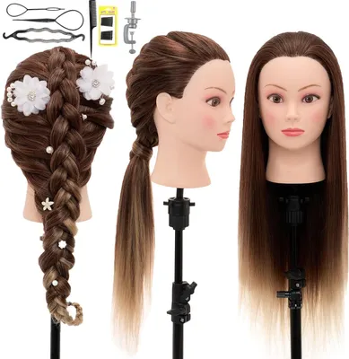 Immagine prodotto di Manichino per parrucchieri - Testa per esercitazioni - Testa per bambole - Ideale per imparare a fare acconciature - Capelli sintetici al 100% - 66 cm - Marrone