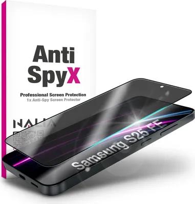 A screen protector is shown placed on top of a smartphone, with its packaging in the background.