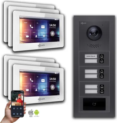 Produktbild von Goliath IP Video Türsprechanlage: 7-Zoll 6 Familienhaus, RFID, Anthrazit : 7 Zoll Weiß : Unterputzdose Monitor Farbe: 7 Zoll Weiß Montage: Unterputzdose