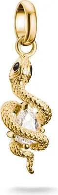 A gold snake charm with a clear gemstone and black eyes.