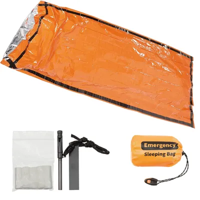 An emergency sleeping bag and its accessories are laid out on a white background.
