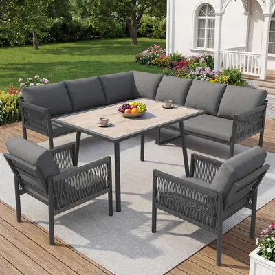 Image de Ensemble de salon de jardin Merax, canapé d'extérieur en forme de L pour 7 à 8 personnes, avec table et 2 fauteuils tressés à la main, plateau en verre aspect bois, gris