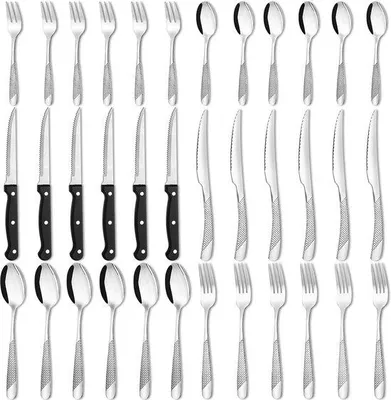 Produktbild von Ein 36-teiliges Besteckset für 6 Personen – Edelstahl, spiegelpoliert – bestehend aus Gabeln, Messern, Löffeln, Kuchengabeln, Teelöffeln und Steakbesteck