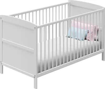 Produktbild von Babybett 60x120 umbaubar mit Matratze Gitterbett Kinderbett höhenverstellbar & herausnehmbare Sprossen optional mit Schublade | weitere Größe: 70x140cm | 60x120cm: von Geburt bis 3. Lebensjahr, Weiß