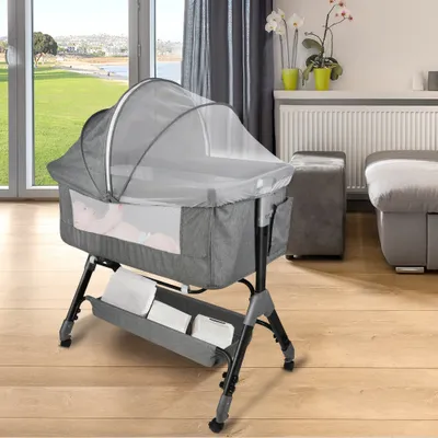 Produktbild von 2 in 1 Beistellbett Babywiege Reisebett,Babybetten ab Geburt bis 25 kg, 4-stufig Höhenverstellbares Babybett, neigbar, Kinderbett inkl. Matratze Grau