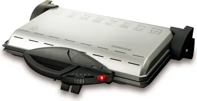 A silver and black Kenwood contact grill is shown from a slightly elevated front-left angle against a white background.