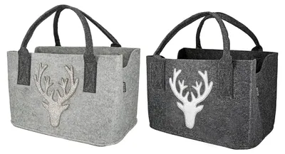 Image de Gilde Tasche, "Hirsch", motif cerf, feutre, gris clair, gris foncé, L. 20 cm, l. 40 cm, H. 26 cm. 42262. 4009079422627. Lot de 2 pièces (assorties)