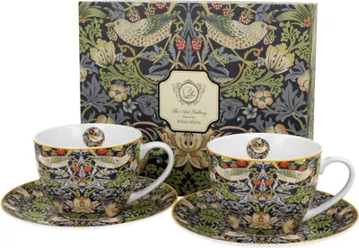 Produktbild von DUO ART GALLERY 2er-Set Tassen 250 ml STRAWBERRY THIEF BLUE mit Untertassen, New Bone China Porzellan