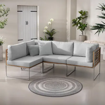 Produktbild von home24 Loungeset - 4-teilig - Webstoff / Teak Massiv