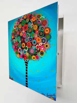 Produktbild von Schlüsselkasten Schwarz aus Metall, bunter Blumenbaum Motiv hinter Glas, Moderne Schlüsselbox linksöffnend, 32x28x6,5 cm, 20 Haken