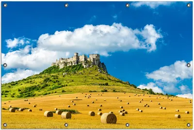Produktbild von Wallario Outdoor-Poster für Garten oder Balkon, Motiv Alte Burg über Feldern, in ca. 100 x 150 cm