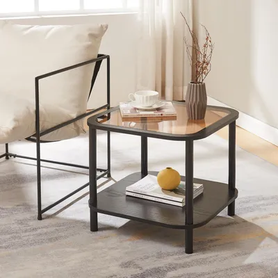 Produktbild von Beistelltisch 'Latama' mit Ablage Glasplatte aus Bronzeglas Wohnzimmertisch 51 x 51 x 45 cm quadratisch Schwarz