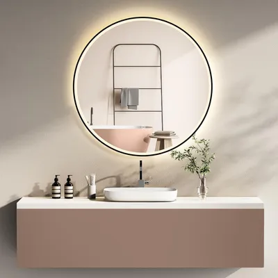 Produktbild von HOKO Design Badspiegel rund 60 cm Helsinki mit Energiesparend LED Beleuchtung und Metall Rahmen Schwarz. Touch Schalter.