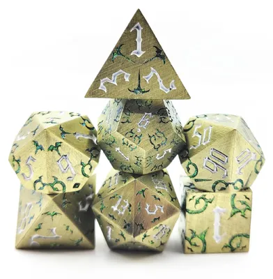 Produktbild von Lapi Toys DnD Würfelset Thorncurse Gold – 7 polyedrische RPG Würfel aus Metall – Gold