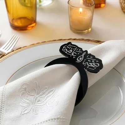 Imagen del producto de Soportes para servilletas de plexiglás de alta calidad – Diseño "Saha W Afia Sulus Kalligraphie" – Elegante decoración árabe para la mesa – Decoración para el Ramadán y Eid Mubarak – Juego de 6 unidades