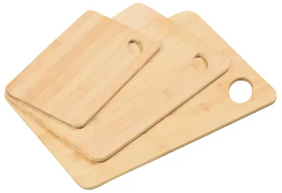 Three bamboo cutting boards of different sizes are stacked on a white background.