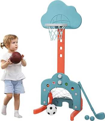 Produktbild von COSTWAY 3 in 1 Kinder Spielplatz, höhenverstellbarer Basketballkorb & Fußballtor & Golf, Basketballständer inkl. Bälle und Golf Club, Korbanlage für Kinder von 2-7 Jahren (Grün)