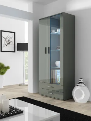 Produktbild von Vitrine Vitrinenschrank SOHO SH7H grau hochglanz 80cm breit Glasvitrine