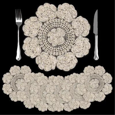 Platzset-Set 6er, rund 30 cm, Rosenmuster, Polyester, waschbar