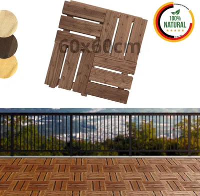 A collage showing wooden deck tiles and a balcony view.