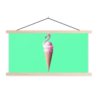 Produktbild von MuchoWow® Textilposter Eistüten - Eiscreme - Flamingo - Rosa - Grün 60x30 cm mit holzfarbenen Rahmen - Dekoration