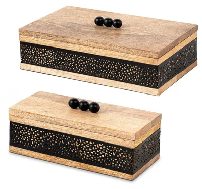 2er-Set rechteckige Dosen, Holz/Metall, Natur/Schwarz, 26x15x8 & 20x10x8 cm
