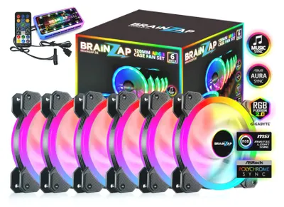 Produktbild von BRAINZAP 6x 120mm LED A-RGB Case Fan SET Gehäuse Lüfter Aura Asus Asrock MSI Gigabyte Music-Sync Coolmoon