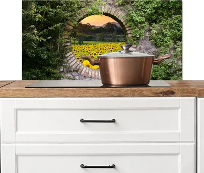 Produktbild von KitchenYeah®  Spritzschutz Küche - Küchenrückwand - Wandschutz für Herd und Spüle - Durchschauen - Blumen - Sonnenblume 90x45 - Alu-Dibond (Alternative zum Spritzschutz aus Glas) - Hitzebeständig - He