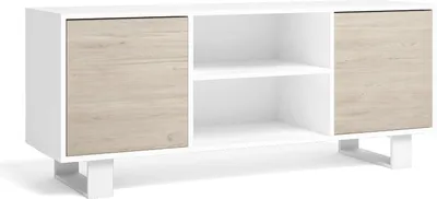 A white TV cabinet with two doors, one on each side, and open shelving in the middle. The doors have a wood grain finish. The cabinet is supported by white legs.