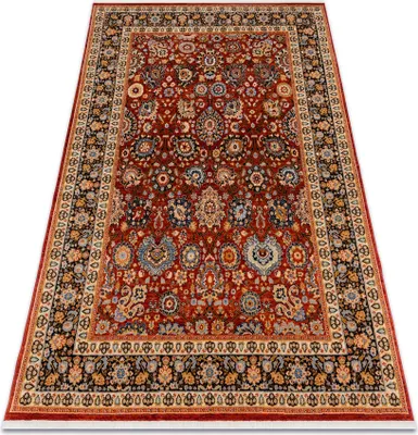 Zdjęcie produktu dla Dywan wełniany KESHAN Frędzle, Ornament, ramka orientalny 7573/53577 bordo / granat wielokolorowy 80x145 cm