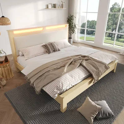 Image de MODFU Lit avec Rangement 160x200 cm - Lit Double avec Coffre Intégré et LED, Revêtement en Velours Côtelé, Structure MDF, Sans Matelas, Beige