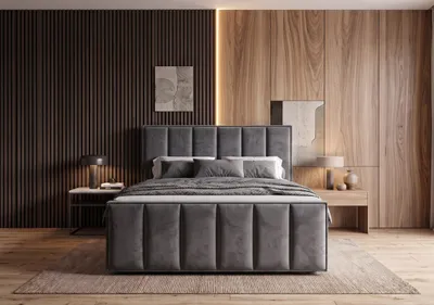 Obrázek produktu pro Postel s pružinovou základnou 180x200 Avra | 2 úložné zásuvky, 2 matrace H3 | Čalouněná čelo s panely | Kronos 22, tmavě šedá barva