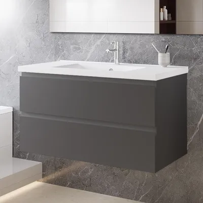 Produktbild von 100 cm Badmöbel-Set Unterschrank mit Keramik waschtisch 2 Schubladen soft-close Anthrazit Matt Selbstmontierter