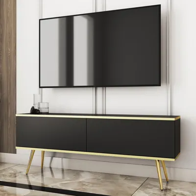 Obrázek produktu pro TV stolek FORNO, černý s zlatými prvky, styl Art Deco, 135 cm, zlaté nožky